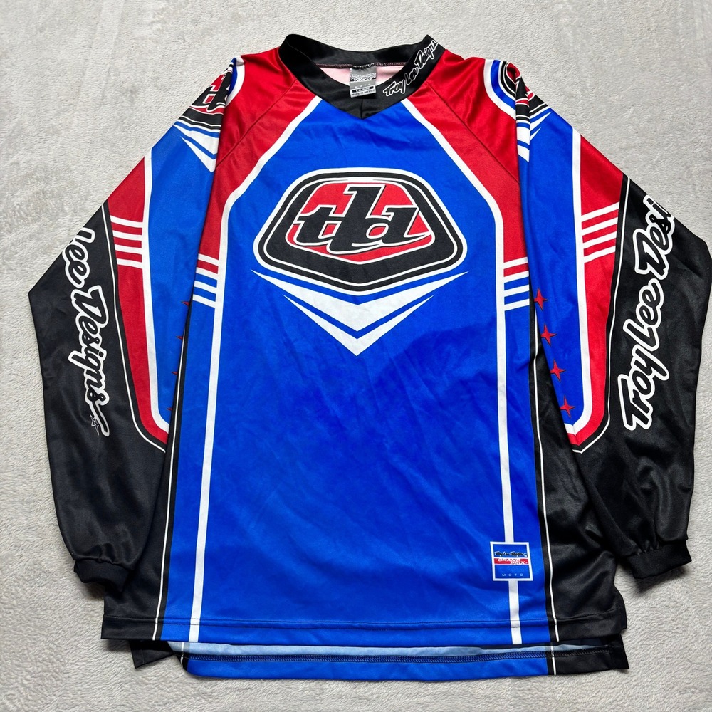 VTG Troy Lee Designs Jersey Mens Large Grand Prix Moto Blue Red Motocross EUC